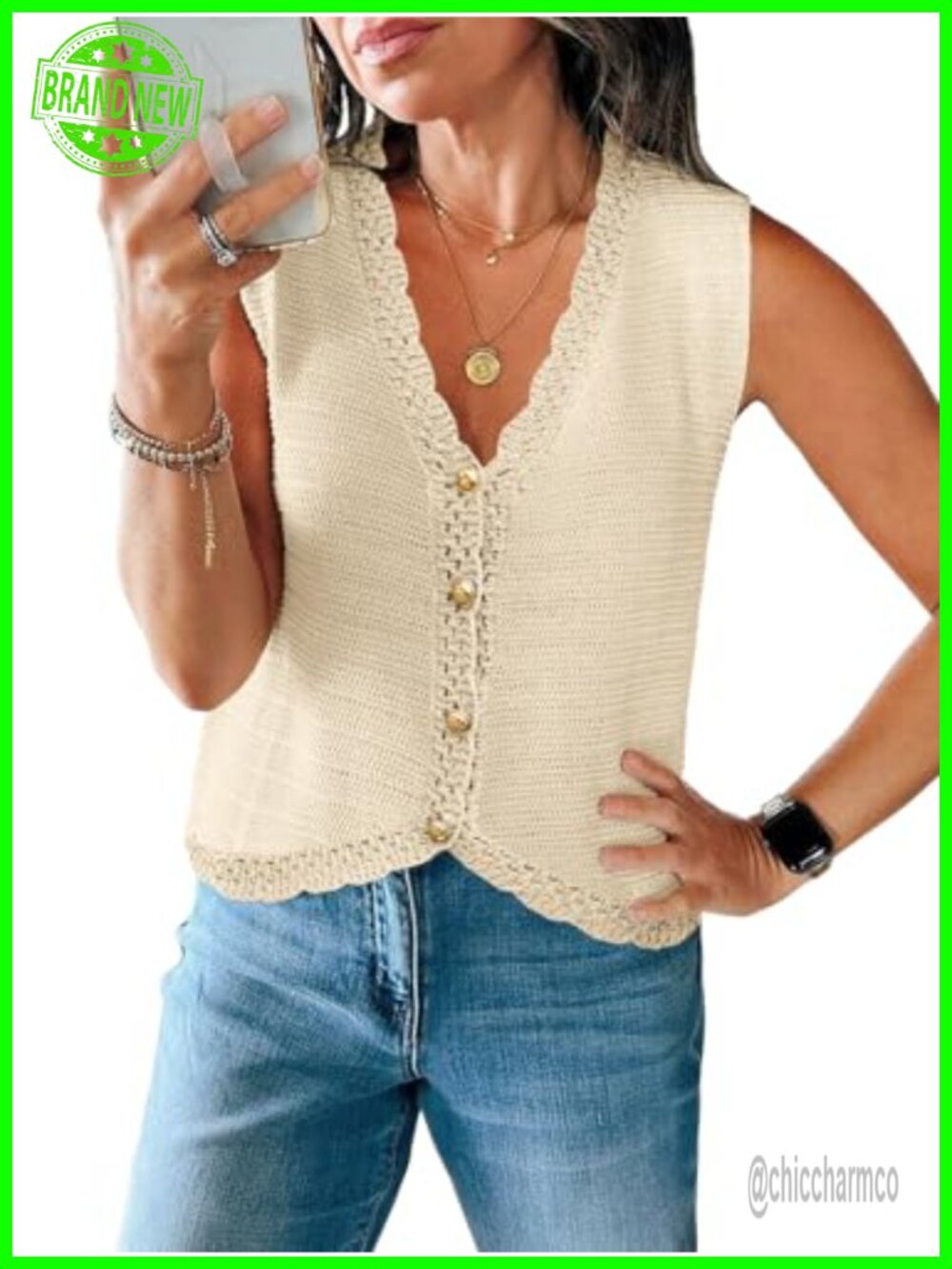 Sleeveless V Neck Cropped Sweater Vest Button Down Knit Summer Top